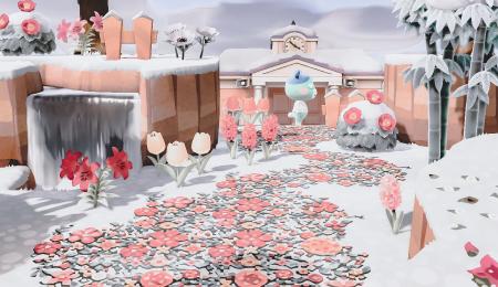 Chemin hivernal fleurs roses et grises